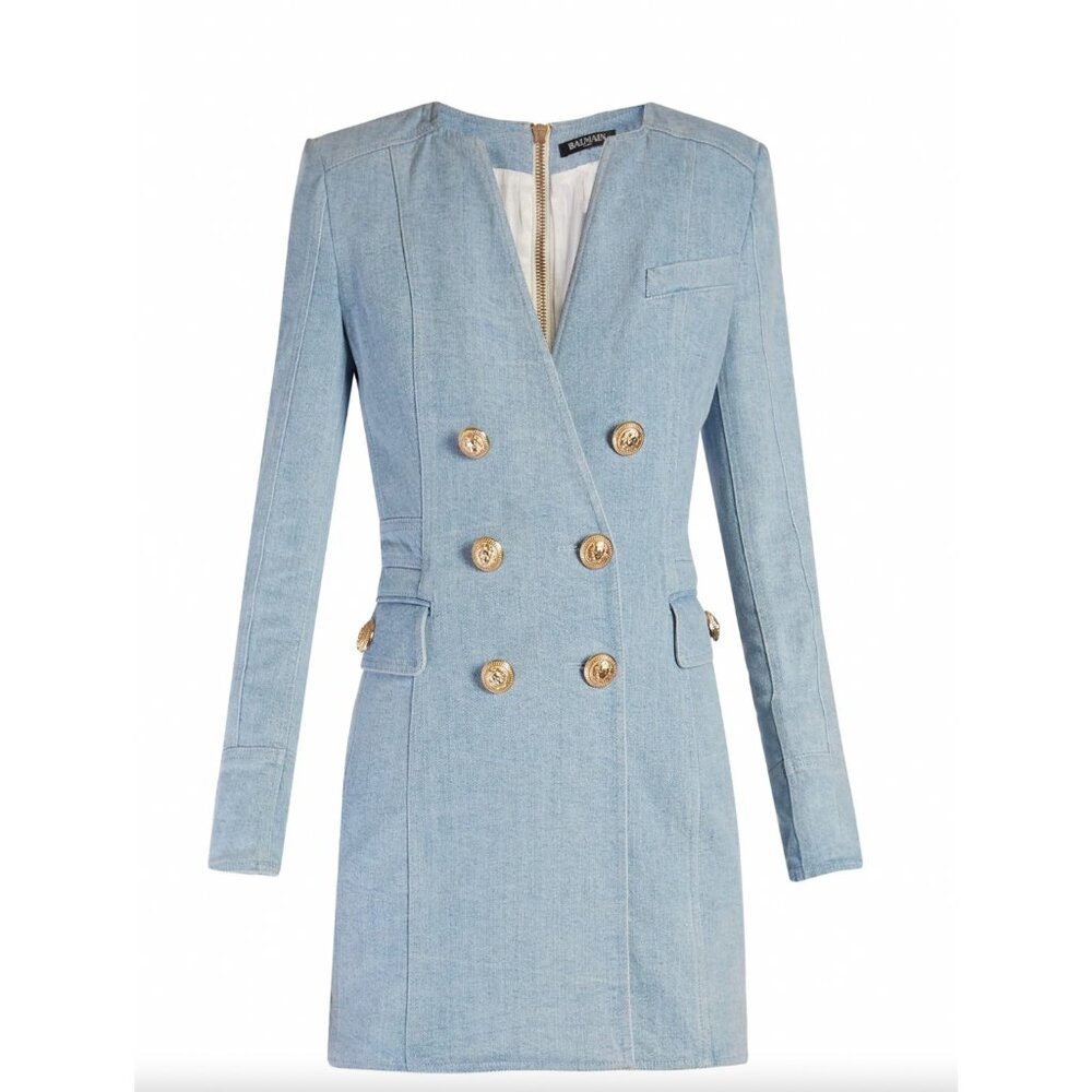 Authentic Balmain Blue Denim Double Breasted Mini Dress - Picture 4 of 11